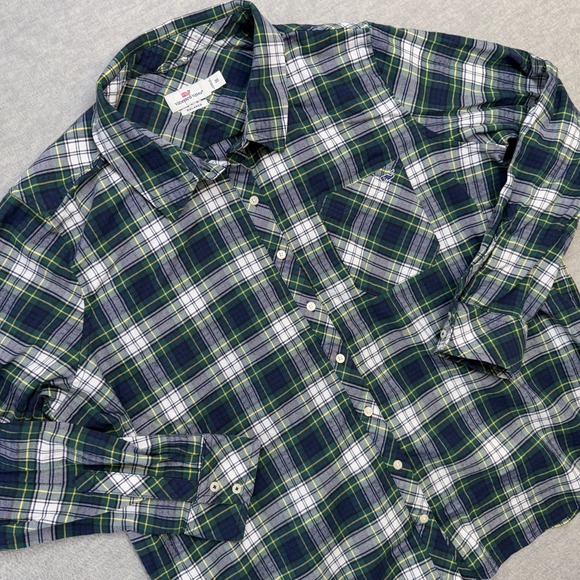 Vineyard Vines Shirt Womens 20 Blue Green Tartan Plaid Flannel Relaxed Fit Cabin - Picture 1 of 8